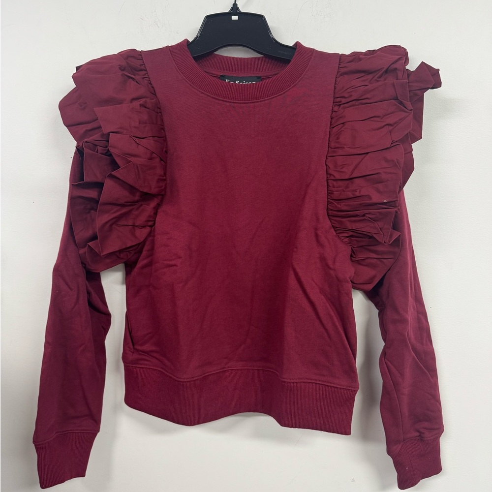 En Saison Red Puff Sleeve Ruffled Sweatshirt